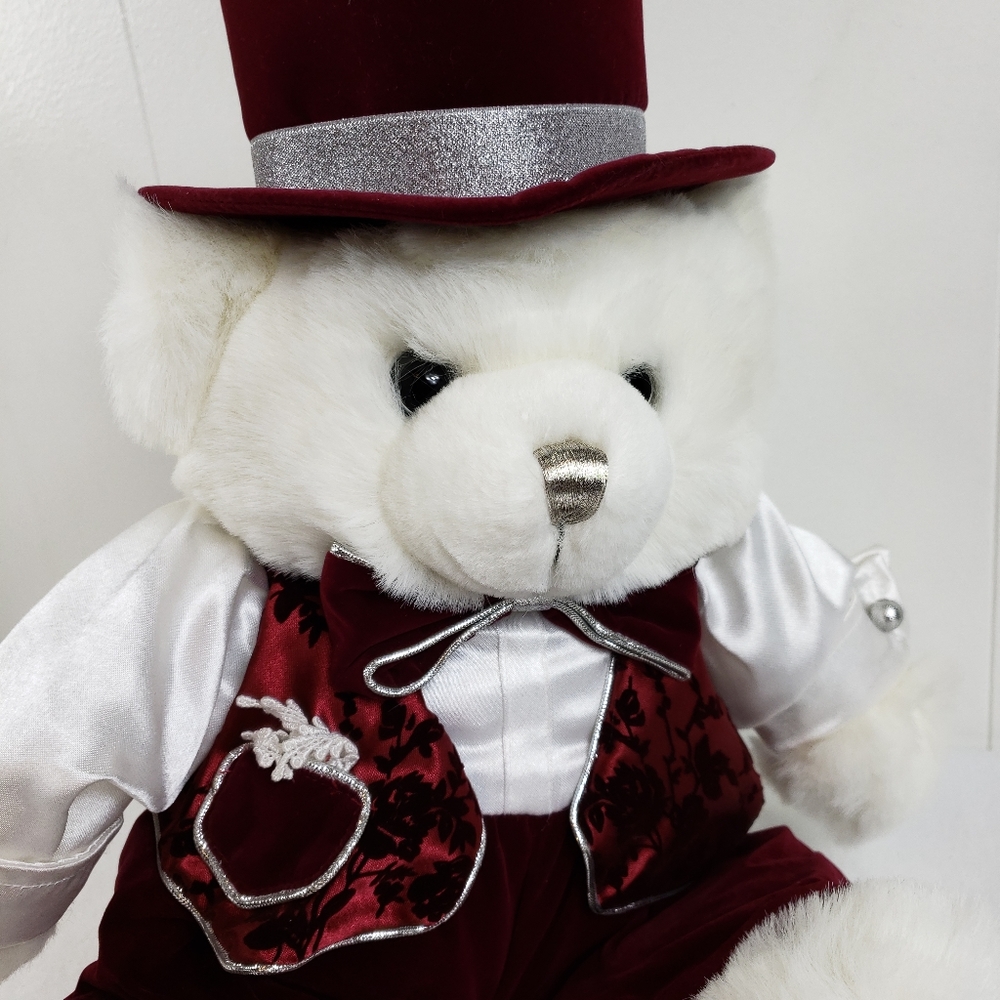 2001 Vintage Christmas Bear Plush Burgundy Velour Satin Glass Eyes Top Hat 15"